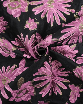 Jacquard Noir Motif Fleuri Rose et Lurex Doré - Mercerine