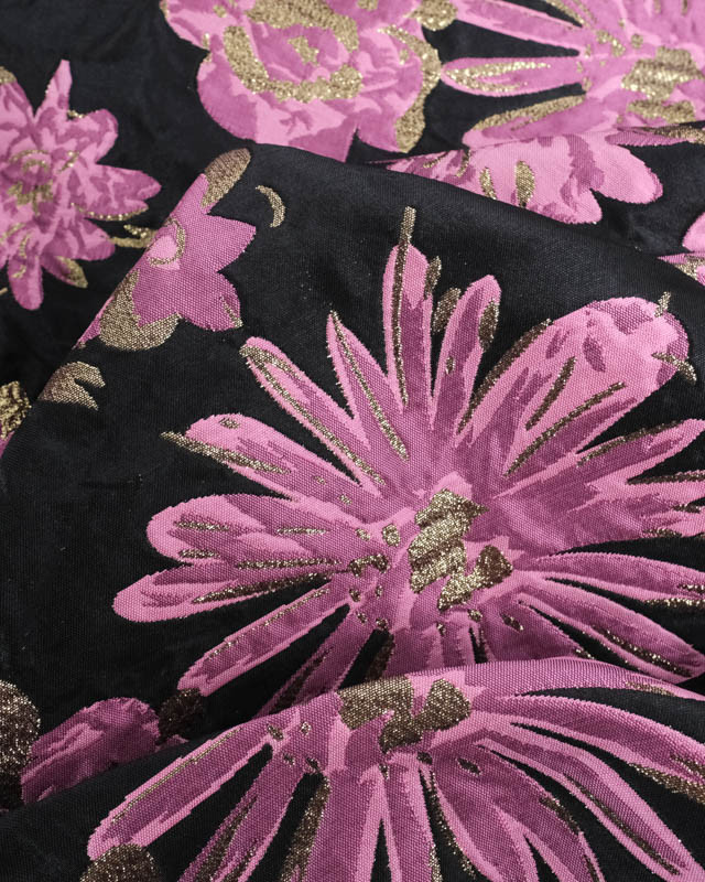 Jacquard Noir Motif Fleuri Rose et Lurex Doré - Mercerine