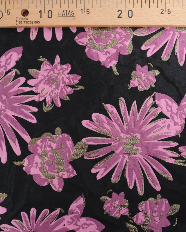 Jacquard Noir Motif Fleuri Rose et Lurex Doré - Mercerine