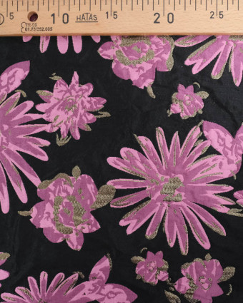 Jacquard Noir Motif Fleuri Rose et Lurex Doré - Mercerine