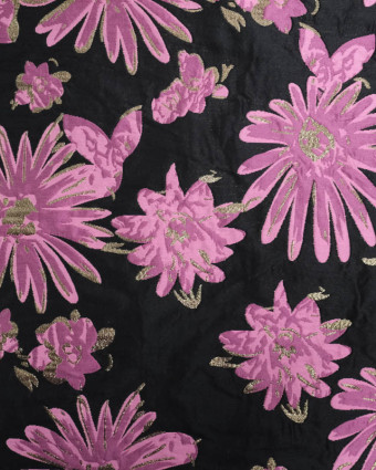 Jacquard Noir Motif Fleuri Rose et Lurex Doré - Mercerine