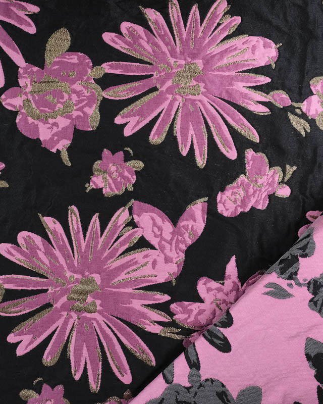 Jacquard Noir Motif Fleuri Rose et Lurex Doré - Mercerine