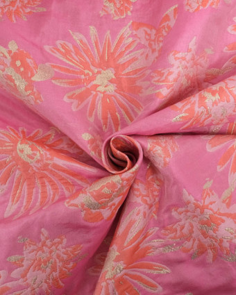 Jacquard Rose Motif Fleuri Orange et Lurex Doré - Mercerine