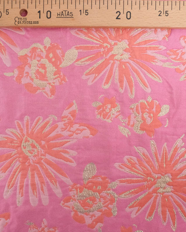 Jacquard Rose Motif Fleuri Orange et Lurex Doré - Mercerine