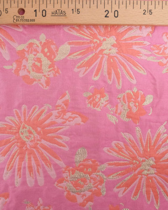 Jacquard Rose Motif Fleuri Orange et Lurex Doré - Mercerine