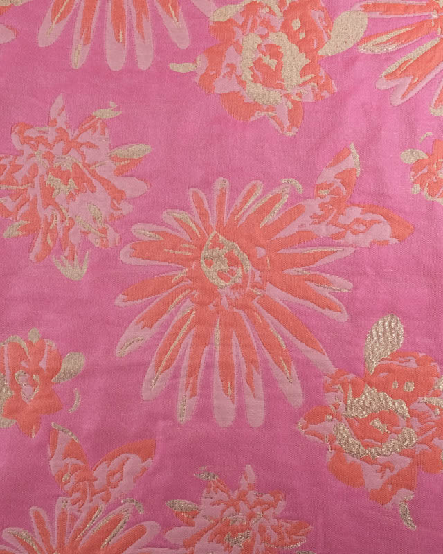 Jacquard Rose Motif Fleuri Orange et Lurex Doré - Mercerine