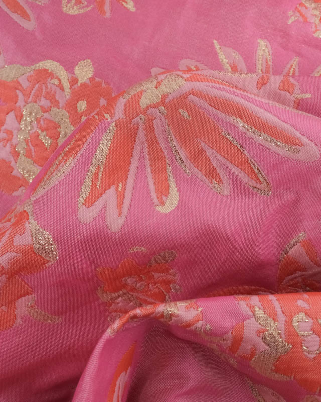 Jacquard Rose Motif Fleuri Orange et Lurex Doré - Mercerine