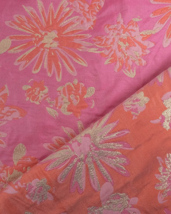 Jacquard Rose Motif Fleuri Orange et Lurex Doré - Mercerine