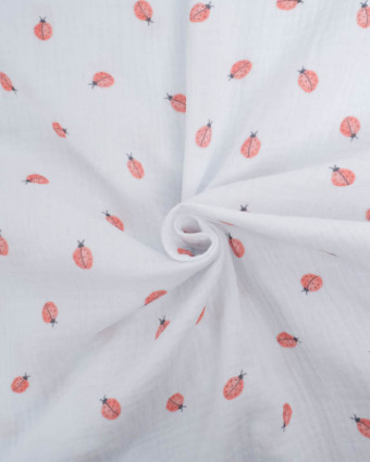 Tissu Double Gaze Blanche Motif Coccinelle  - Mercerine