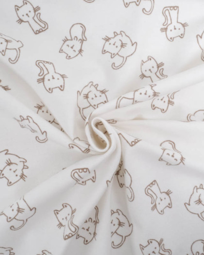 Flanelle Coton Ecru Motif Petit Chat - Oeko-Tex - Mercerine