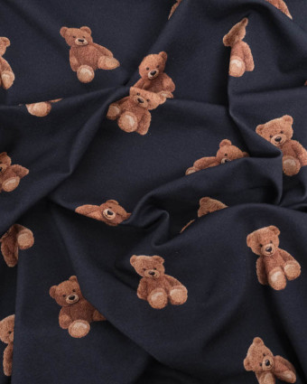 Tissu Jersey  Bleu Nuit Motif Petit Ourson - Oeko-Tex - Mercerine