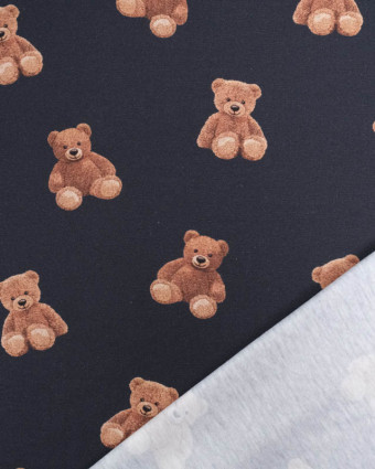 Tissu Jersey  Bleu Nuit Motif Petit Ourson - Oeko-Tex - Mercerine