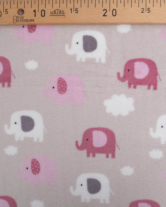 Tissu Doudou Gris Double Face Éléphant et Nuage Rose - Mercerine