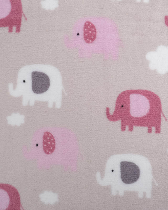 Tissu Doudou Gris Double Face Éléphant et Nuage Rose - Mercerine