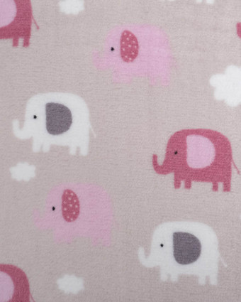 Tissu Doudou Gris Double Face Éléphant et Nuage Rose - Mercerine