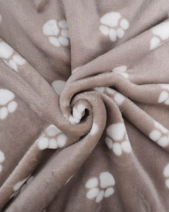 Tissu Doudou Taupe Motif Pâtes de Chien - Mercerine