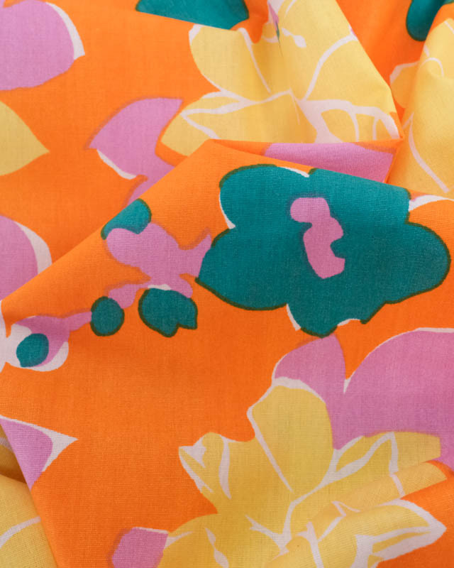 Popeline de Coton Orange Joli Motif Floral Oeko-Tex - Mercerine