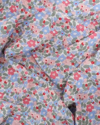 Popeline de Coton Ecrue Motif Fleuri Rose et Bleu Oeko-Tex - Mercerine