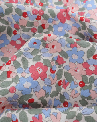 Popeline de Coton Ecrue Motif Fleuri Rose et Bleu Oeko-Tex - Mercerine