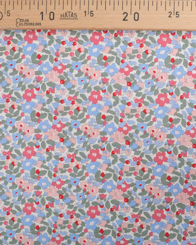 Popeline de Coton Ecrue Motif Fleuri Rose et Bleu Oeko-Tex - Mercerine