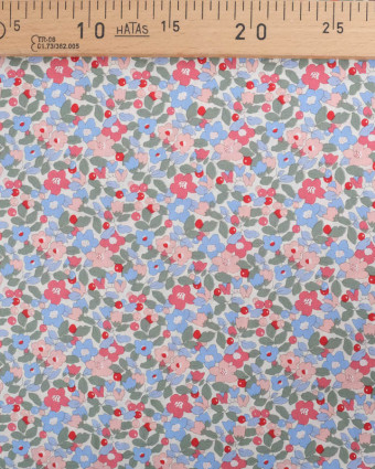 Popeline de Coton Ecrue Motif Fleuri Rose et Bleu Oeko-Tex - Mercerine