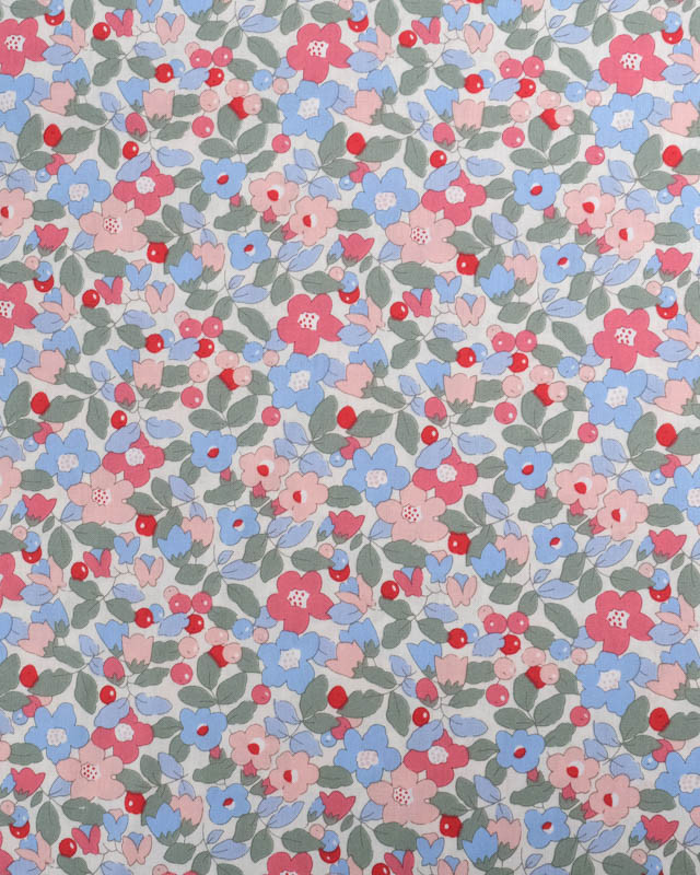 Popeline de Coton Ecrue Motif Fleuri Rose et Bleu Oeko-Tex - Mercerine