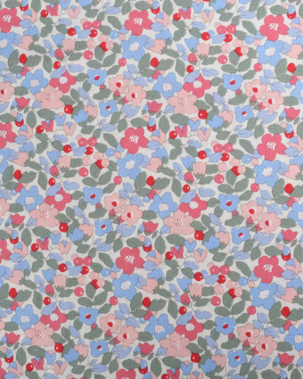 Popeline de Coton Ecrue Motif Fleuri Rose et Bleu Oeko-Tex - Mercerine