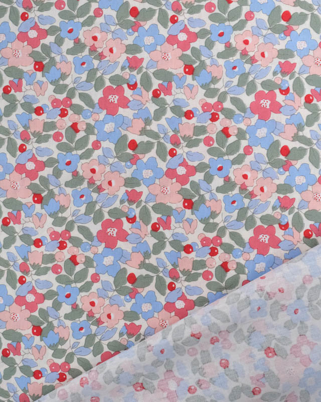 Popeline de Coton Ecrue Motif Fleuri Rose et Bleu Oeko-Tex - Mercerine