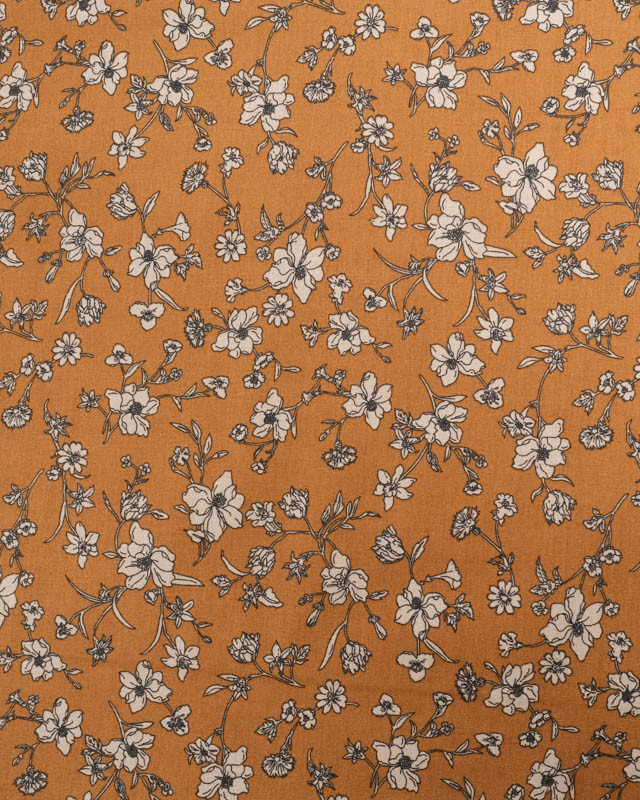 Popeline de Coton Caramel Motif Fleuri Taupe Oeko-Tex - Mercerine