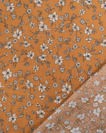 Popeline de Coton Caramel Motif Fleuri Taupe Oeko-Tex - Mercerine