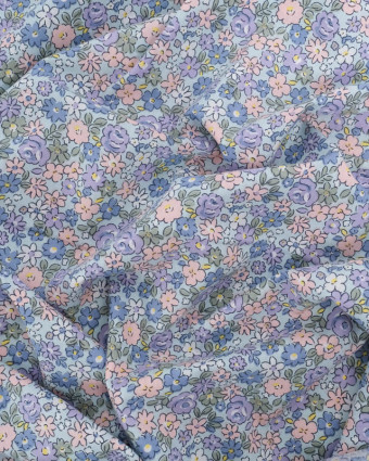 Popeline de Coton Bleu Ciel Motif Fleuri Rose et Violet Oeko-Tex - Mercerine