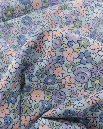 Popeline de Coton Bleu Ciel Motif Fleuri Rose et Violet Oeko-Tex - Mercerine