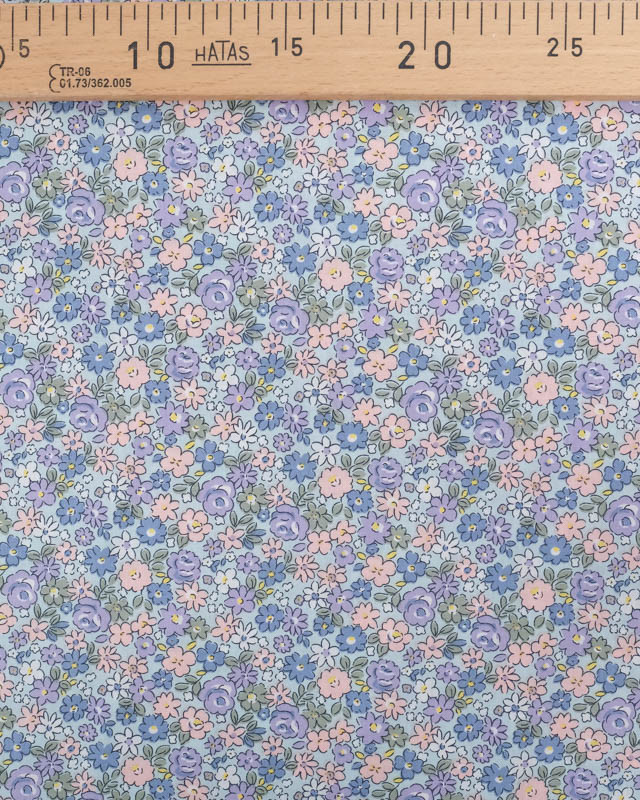 Popeline de Coton Bleu Ciel Motif Fleuri Rose et Violet Oeko-Tex - Mercerine