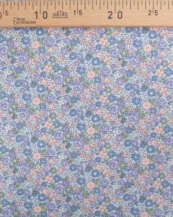 Popeline de Coton Bleu Ciel Motif Fleuri Rose et Violet Oeko-Tex - Mercerine