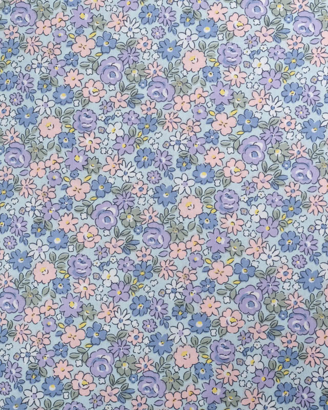 Popeline de Coton Bleu Ciel Motif Fleuri Rose et Violet Oeko-Tex - Mercerine