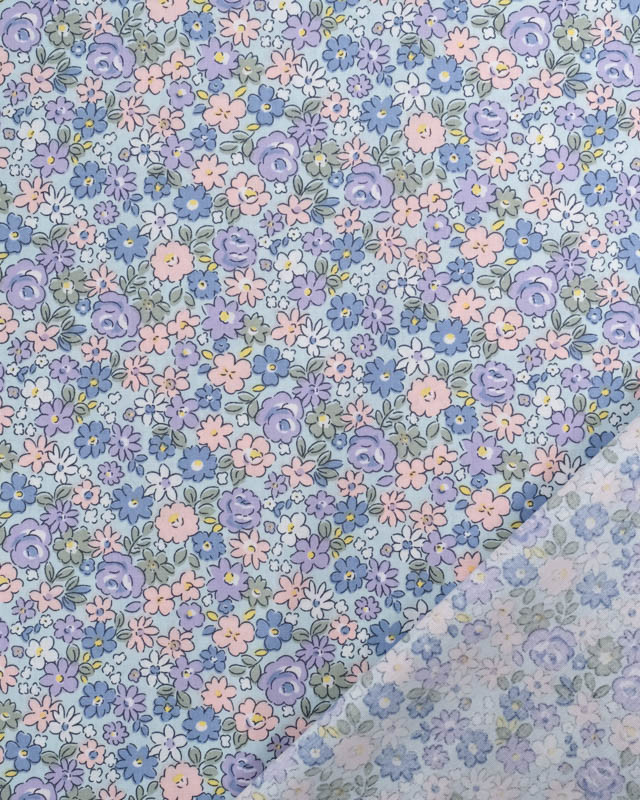 Popeline de Coton Bleu Ciel Motif Fleuri Rose et Violet Oeko-Tex - Mercerine