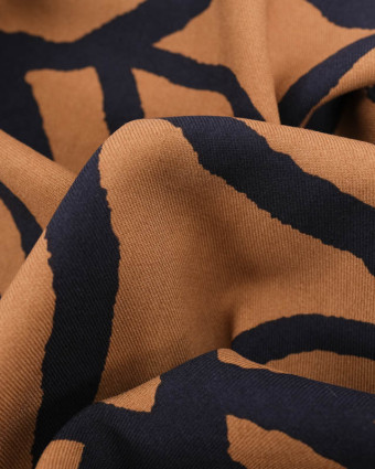 Sergé de Viscose Marron Grand Motif Abstrait Marine - Mercerine