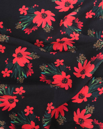 Viscose Noire Motif Fleuri Rouge - Mercerine