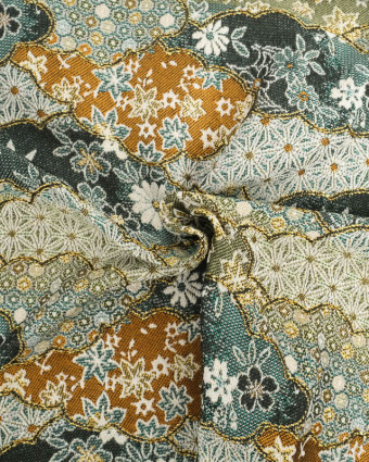 Tissu Jacquard Motif  Nuage Japonisant Vert et Ocre - Mercerine