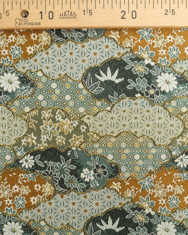 Tissu Jacquard Motif Nuage Japonisant Vert et Ocre - Mercerine