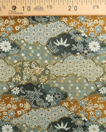 Tissu Jacquard Motif Nuage Japonisant Vert et Ocre - Mercerine