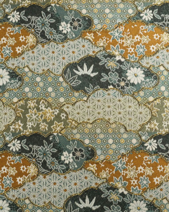 Tissu Jacquard Motif Nuage Japonisant Vert et Ocre - Mercerine