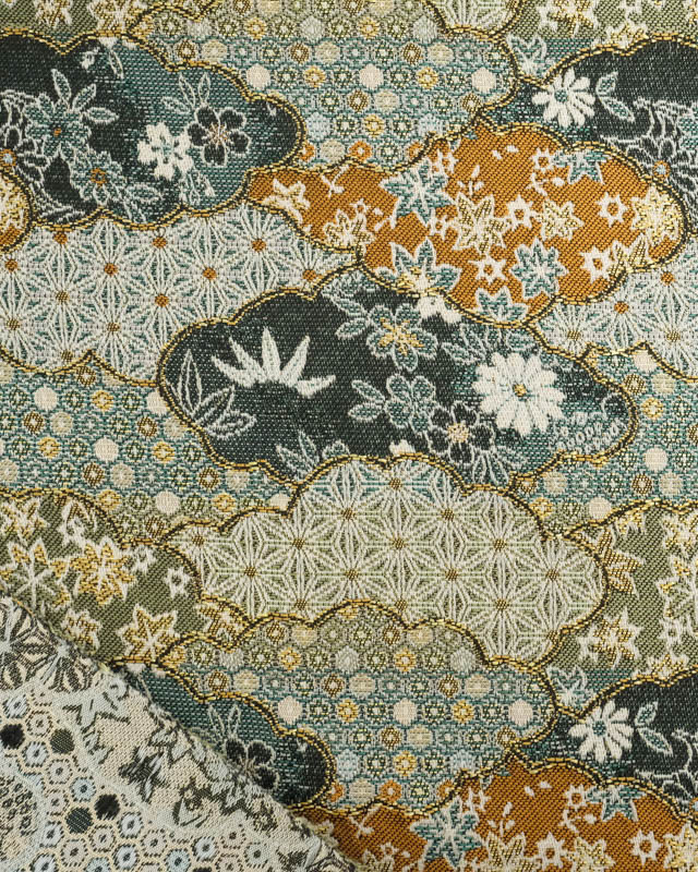 Tissu Jacquard Motif Nuage Japonisant Vert et Ocre - Mercerine