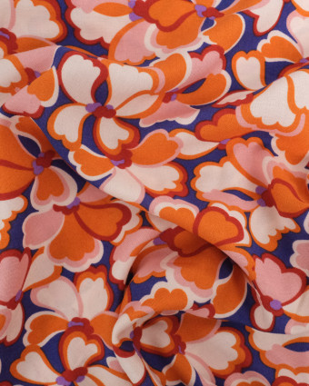 Viscose Française Bleue Motif Fleuri Sixties Orange - Mercerine