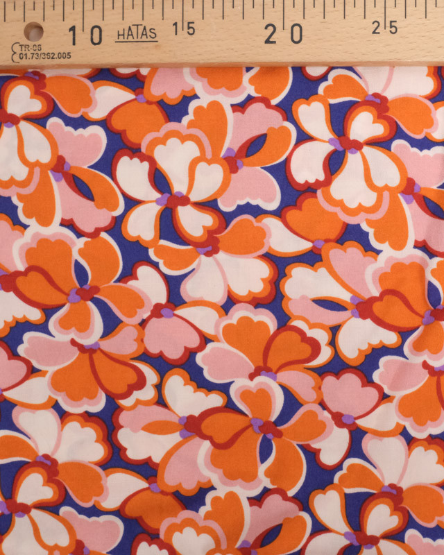 Viscose Française Bleue Motif Fleuri Sixties Orange - Mercerine