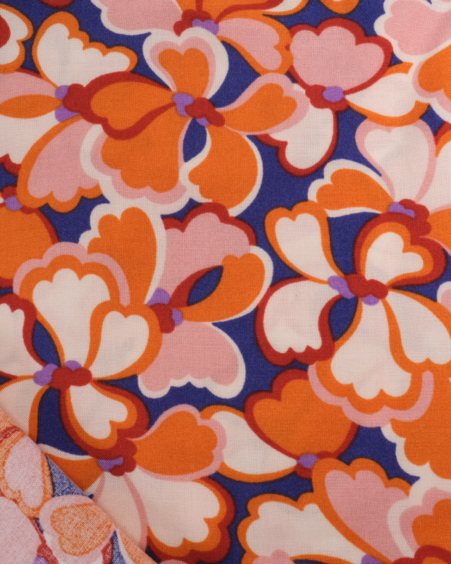 Viscose Française Bleue Motif Fleuri Sixties Orange - Mercerine