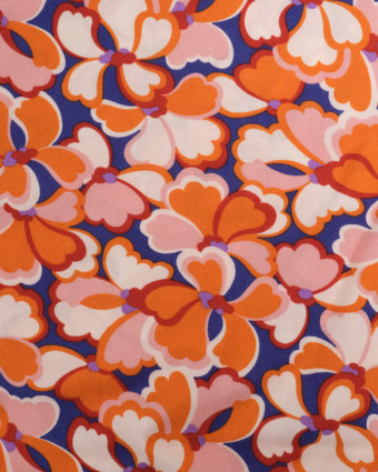 Viscose Française Bleue Motif Fleuri Sixties Orange - Mercerine