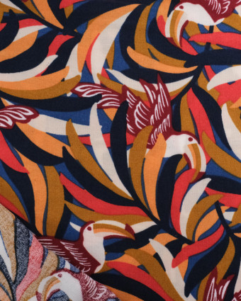 Viscose Française Motif Feuillage et Toucan Multicolore - Mercerine