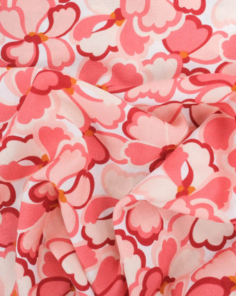 Viscose Française Blanche Motif Fleuri Sixties Rose - Mercerine