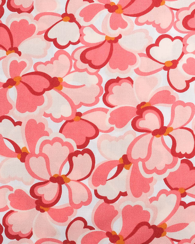 Viscose Française Blanche Motif Fleuri Sixties Rose - Mercerine